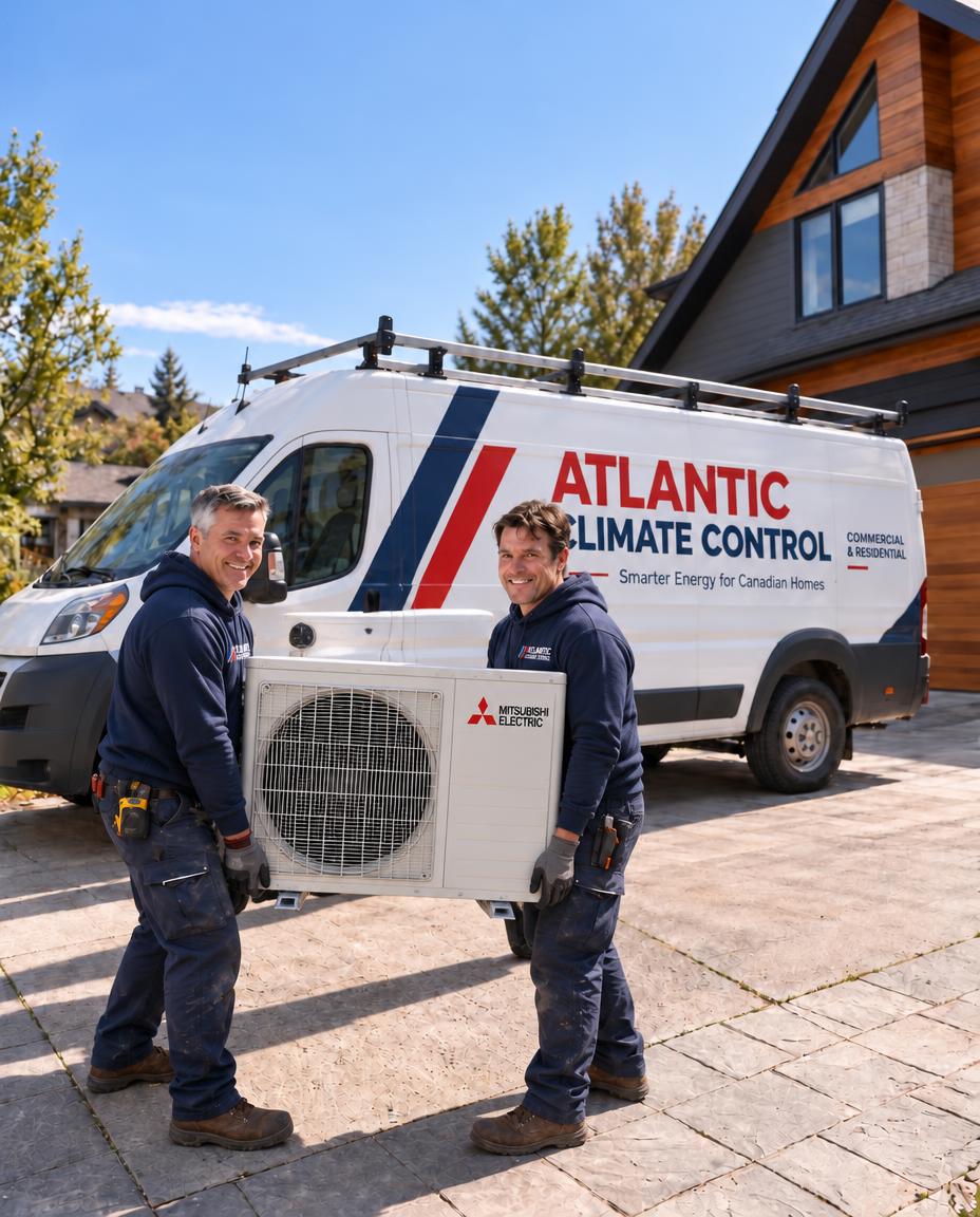 Atlantic Climate Control technicians carrying a Mitsubishi Electric heat pump in front of the branded Atlantic Climate Control van